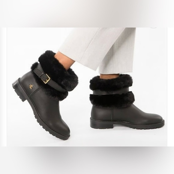 Ralph Lauren Women's Evanston Black Fur-Lined Ankle Boots - Picture 1 of 7